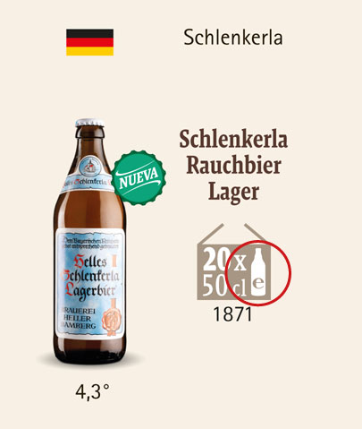 Módulo / ficha de producto para la cerveza en botella Schlenkerla Rauchbier Lagerbier.