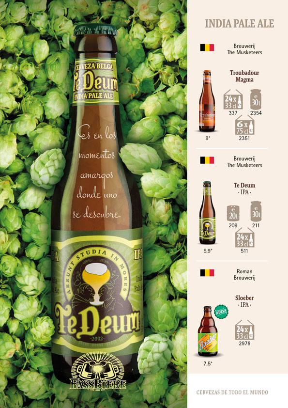 Módulo / ficha de producto para la cerveza Te Deum IPA, disponible tanto en botella como en barril y keykeg.