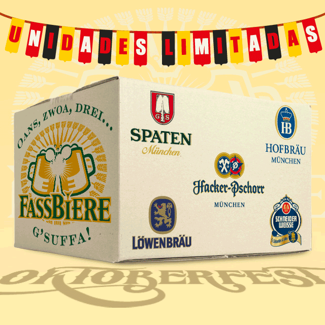 Fassbiere, importación de Cervezas Oktoberfest: Augustiner, Hacker-Pschorr, Hofbräu, Löwenbräu, Paulaner, Spaten, Schneider Weisse, Schlenkerla y Flötzinger.
