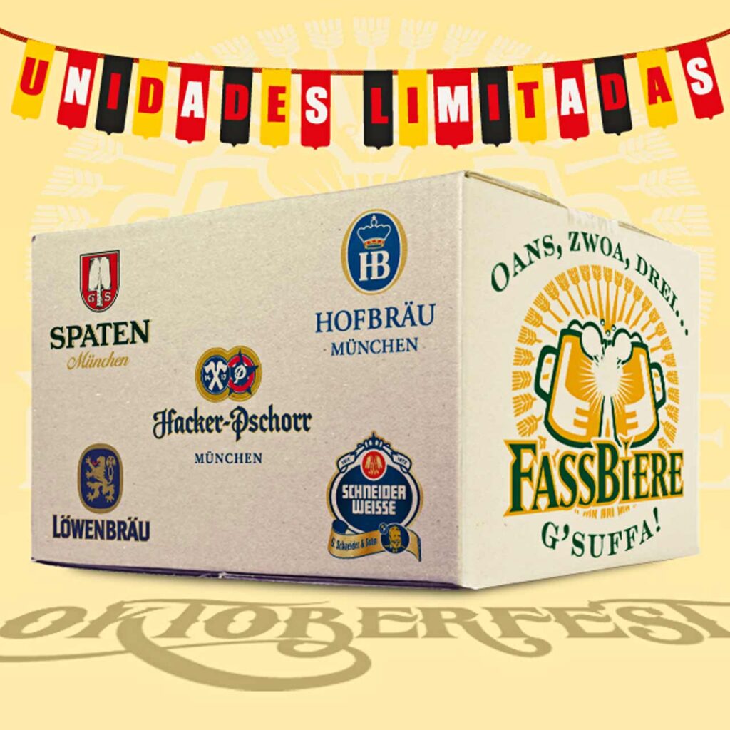 Fassbiere, importación de Cervezas Oktoberfest: Augustiner, Hacker-Pschorr, Hofbräu, Löwenbräu, Paulaner, Spaten, Schneider Weisse, Schlenkerla y Flötzinger.