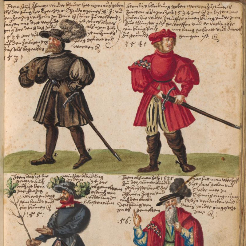 Página del "Libro de vestimentas de la corte del duque Guillermo IV y Alberto V de Baviera", en la Biblioteca del Congreso de Estados Unidos. 