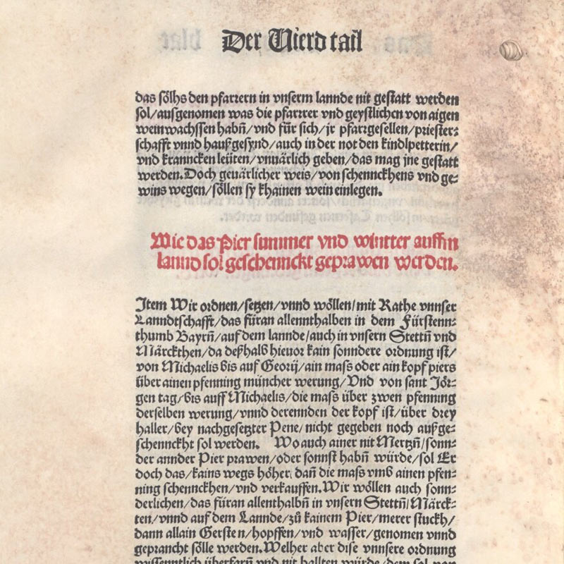 Reinheitsgebot en el “La ordenanza de tierras, cláusula y hábito del principado de la Alta y Baja Baviera”, de la Biblioteca Estatal de Baviera
