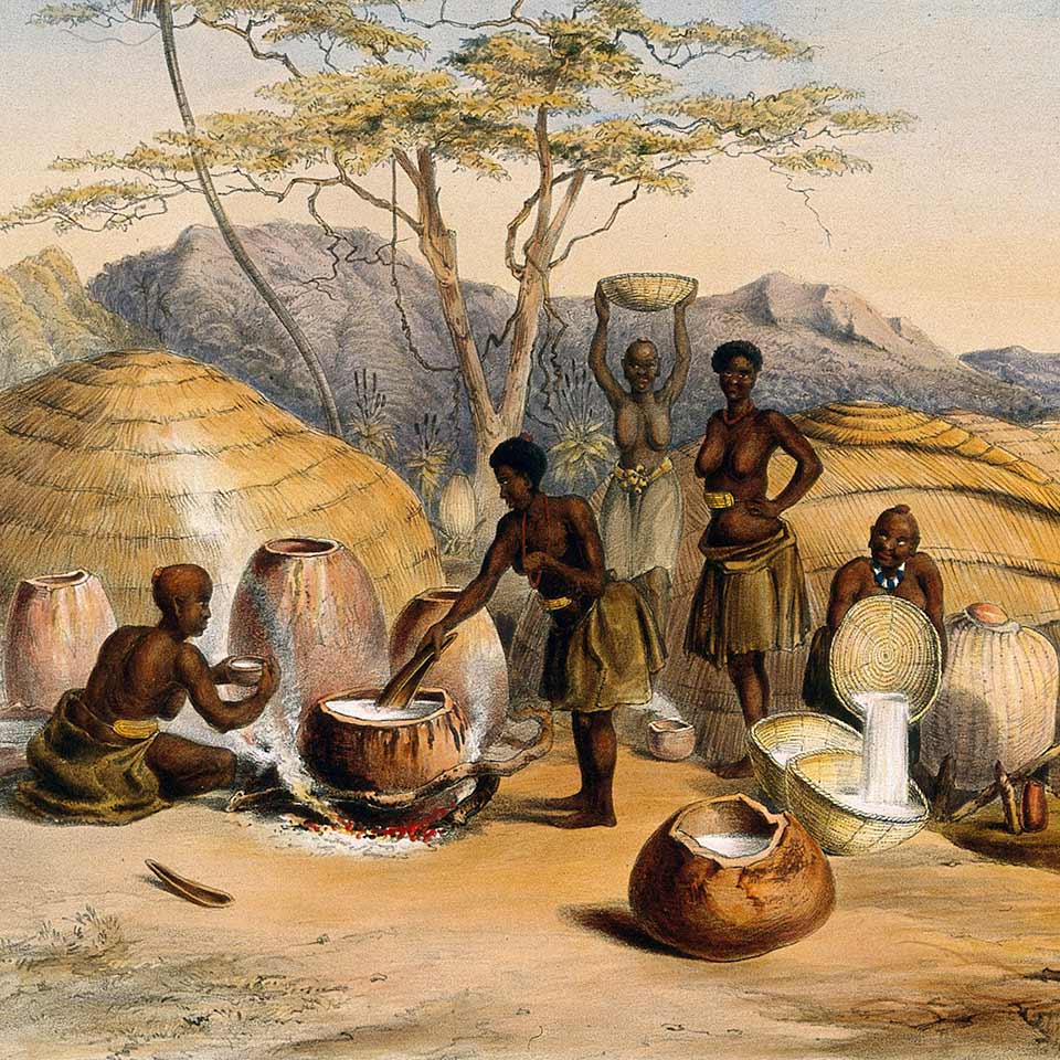 South Africa: Zulu women brewing beer. Coloured lithograph by G.F. Angas, 1849.